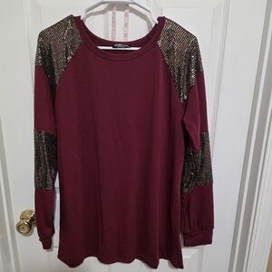 Heimish Burgundy Sequin Sleeve Top NEW Size LG